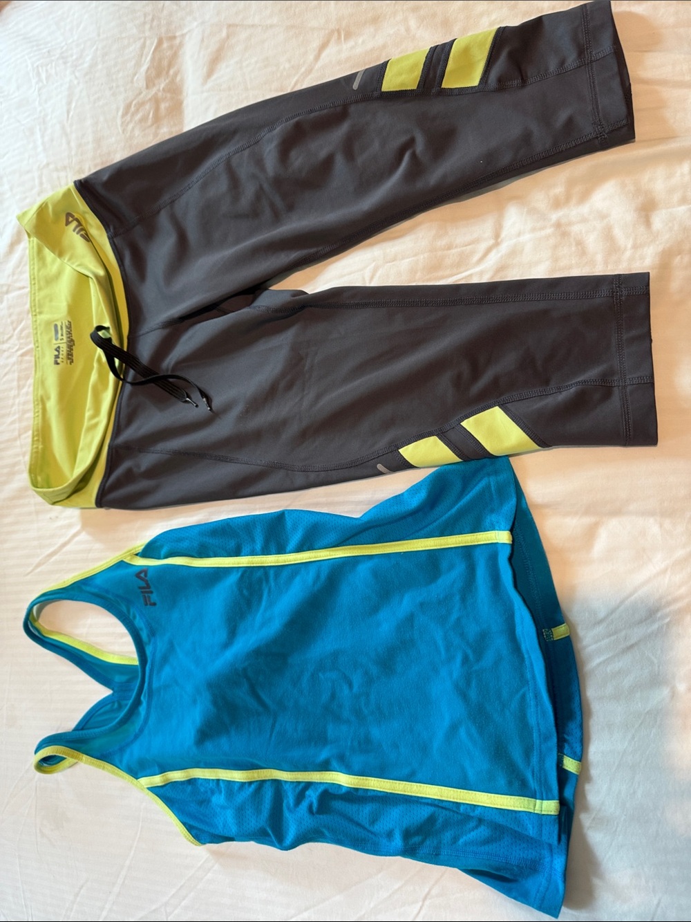 FILA Women's Blue Tank Top and Gray Cropped Leggings with Yellow Accents S